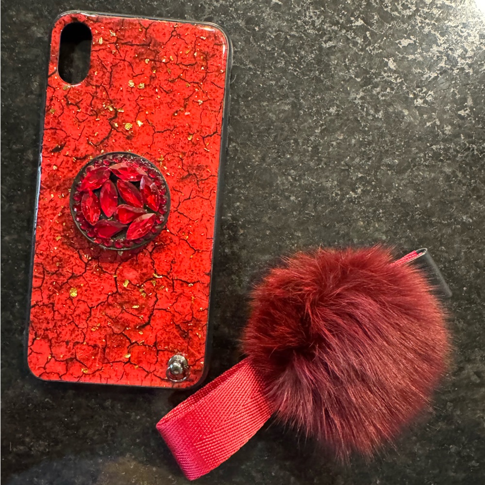 Red Marble Glitter iPhone Case with Pom Pom Accessory and Phone Grip